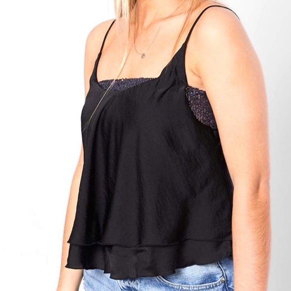 Free People Turn It On Sequin Cami Tank Top Black - Picture 2 of 11